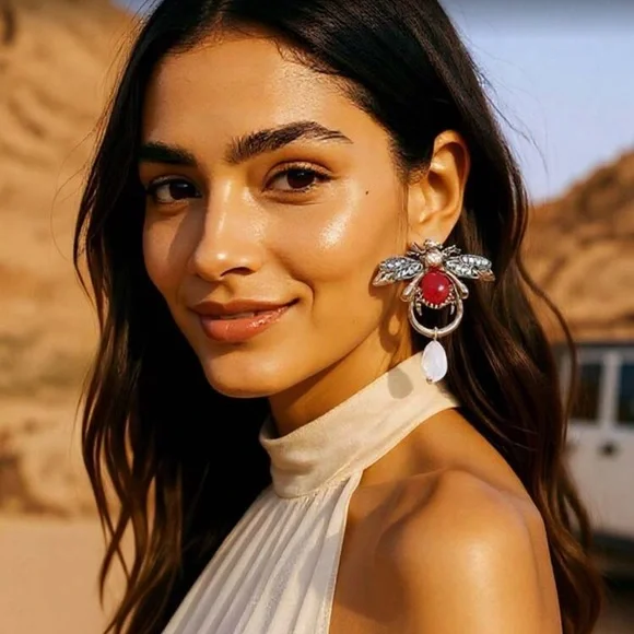 ✨NEW Elegant Red and Silver Statement Bee Earrings - Picture 1 of 4